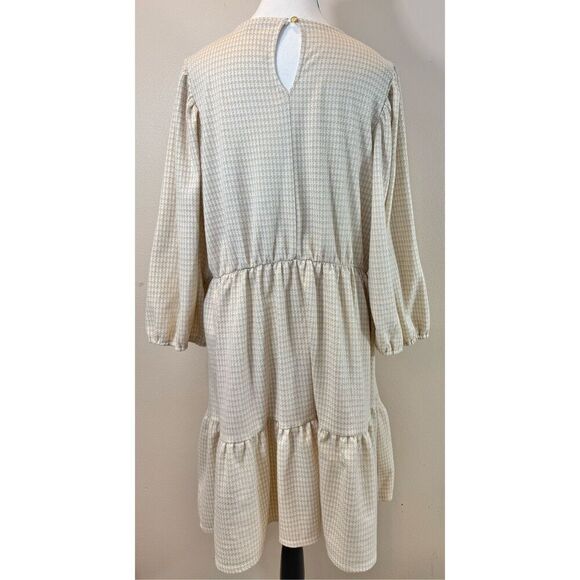 Draper James RSVP Tiered Tan Houndstooth 3/4 Puff Sleeve Mini Dress Women's XL - Picture 5 of 13